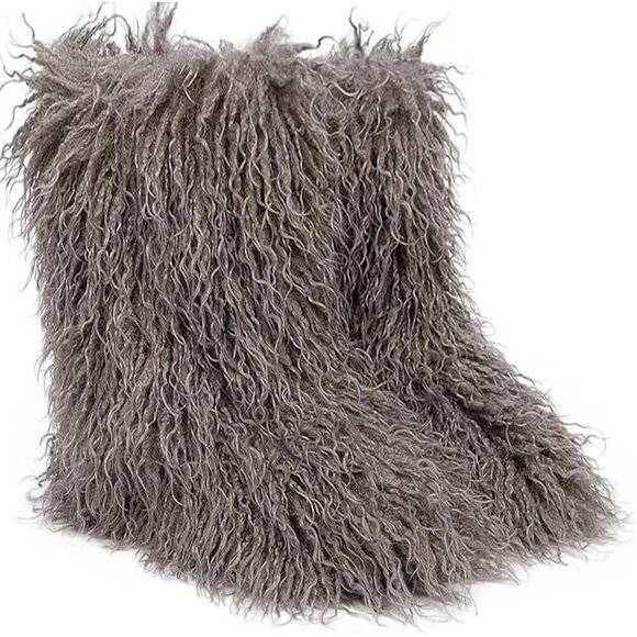 ✨ Women Grey Faux Fur Boots Mongolian Furry Boots for Winter Fluffy Fuzzy Boots - Picture 1 of 7
